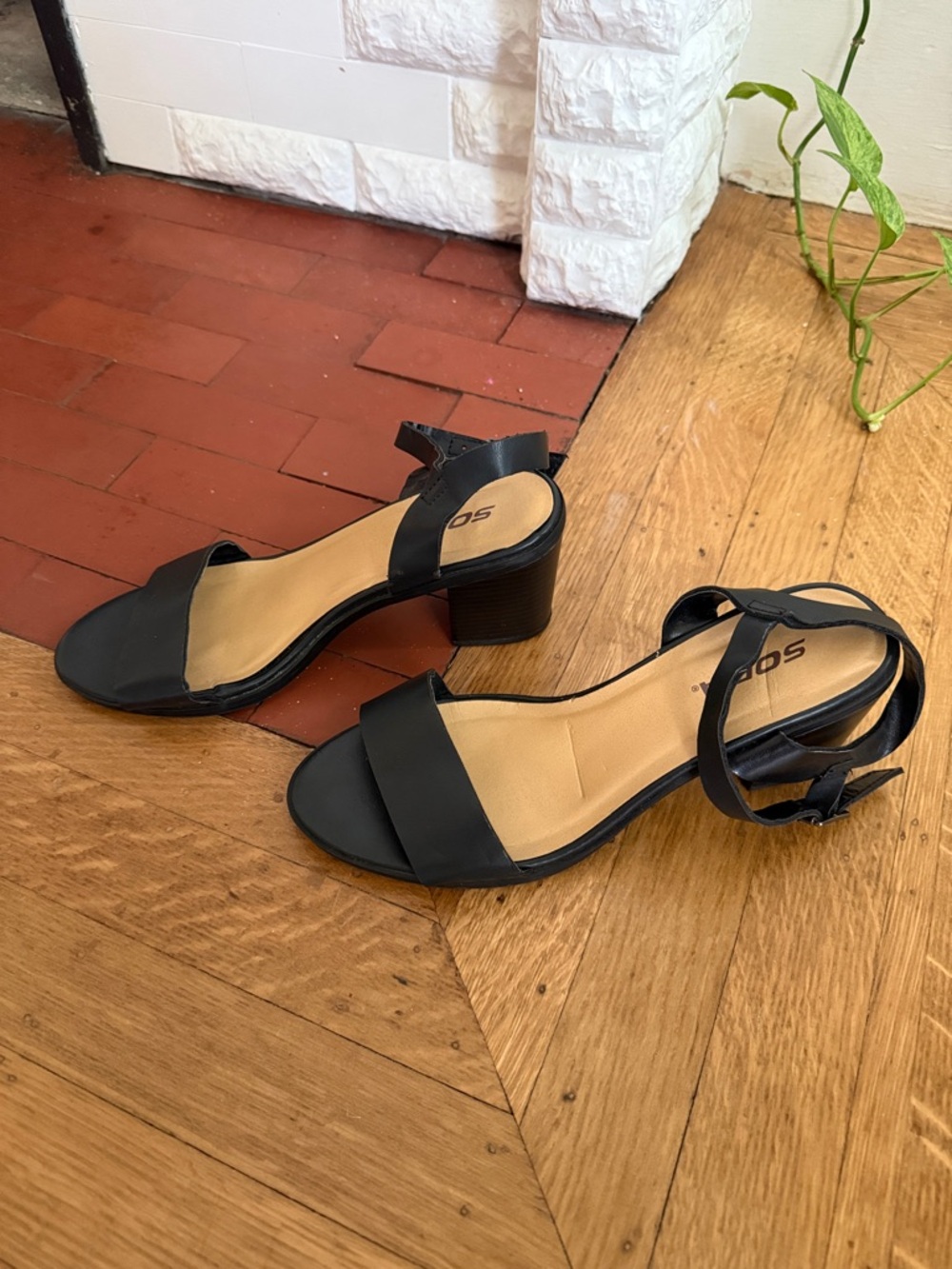 Soda Black Low Block Heel Ankle-Strap Sandals